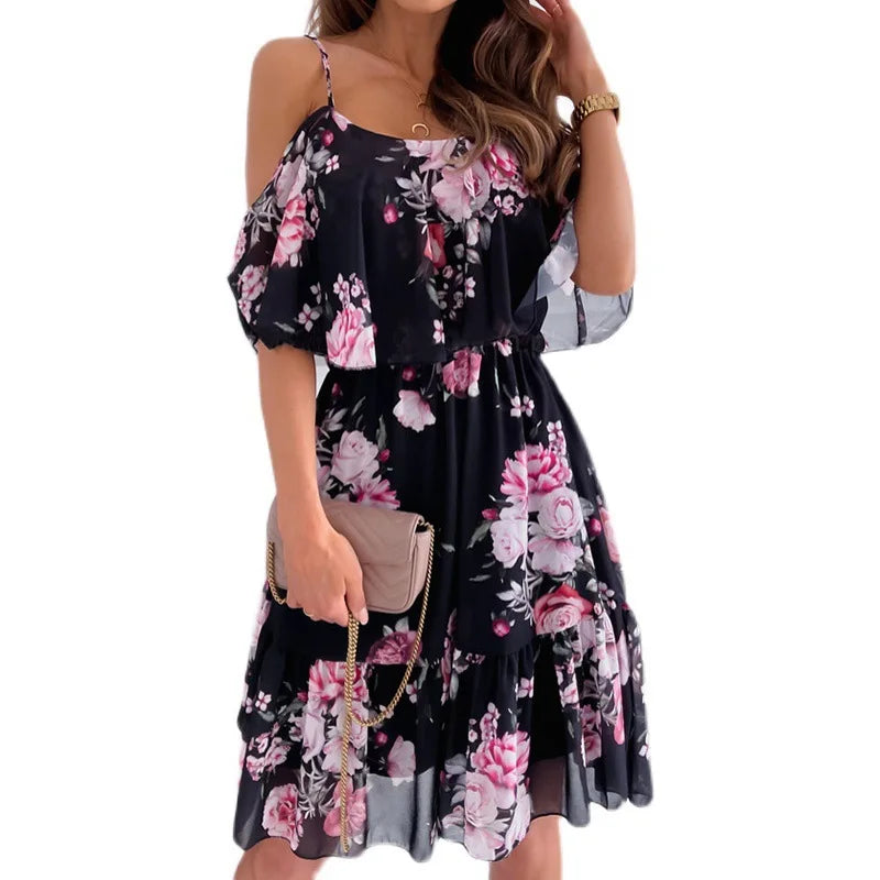 Abito estivo da donna Catalina - Abito floreale con scollatura a spalle scoperte e look romantico