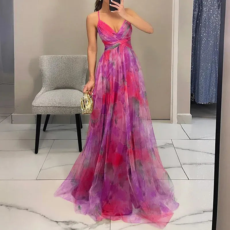 Bella Robe Longue Femme – Robe Florale d’Été avec Fermeture Réglable & Silhouette Fluide