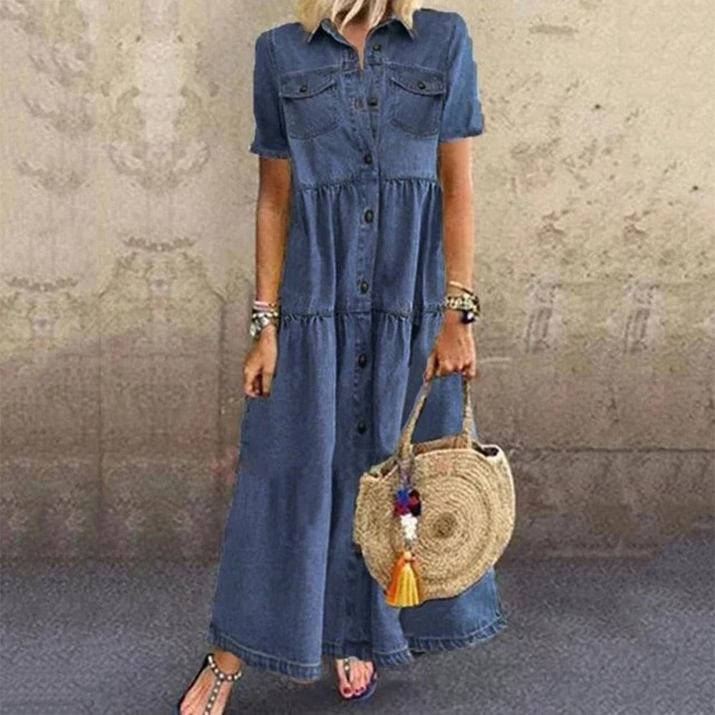 Robe en Jean Femme Rebecca – Robe en Denim Confortable à Volants avec Effet Gainant & Look Luxueux