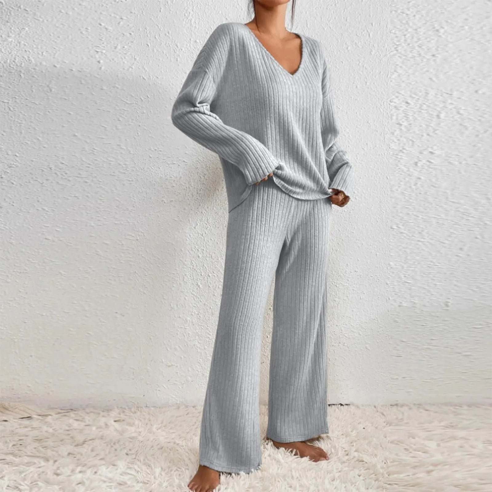 Ensemble en maille Kathy pour femme – Tenue d'intérieur confortable avec pull à col en V et pantalon doux