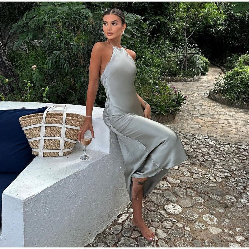 Abito lungo da donna Géraldine - Abito lungo senza maniche con elegante schiena scoperta per un'estate chic