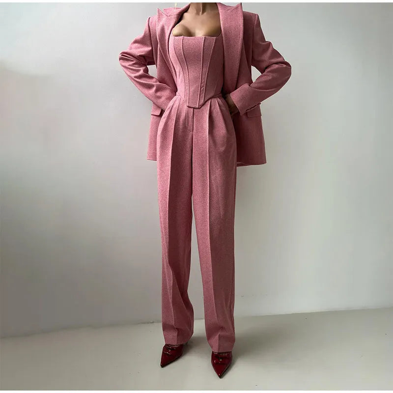 Sophie – Ensemble Femme Trois Pièces : Blazer Élégant, Corset Structuré & Pantalon Taille Haute pour un Look Business Chic