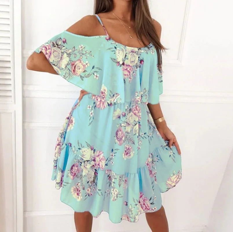 Abito estivo da donna Catalina - Abito floreale con scollatura a spalle scoperte e look romantico