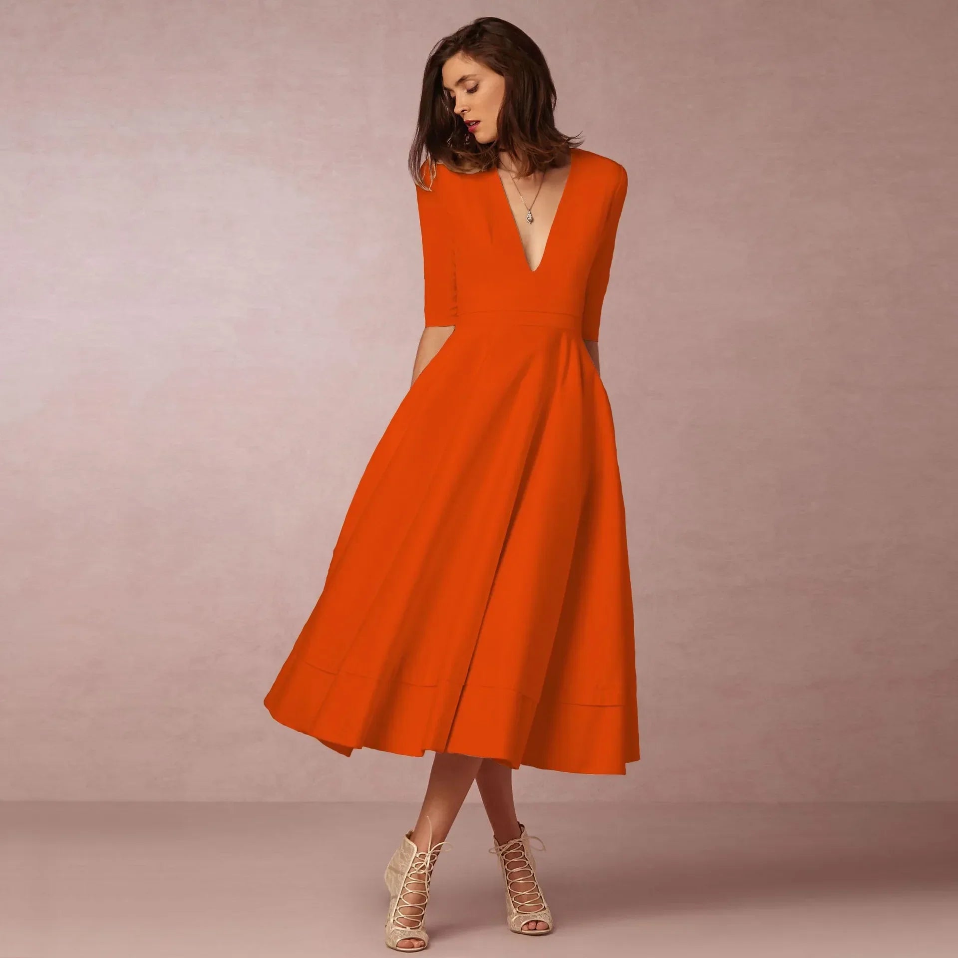 Ivoire Robe Midi Femme – Robe Cintrée en Coton avec Coupe Élégante