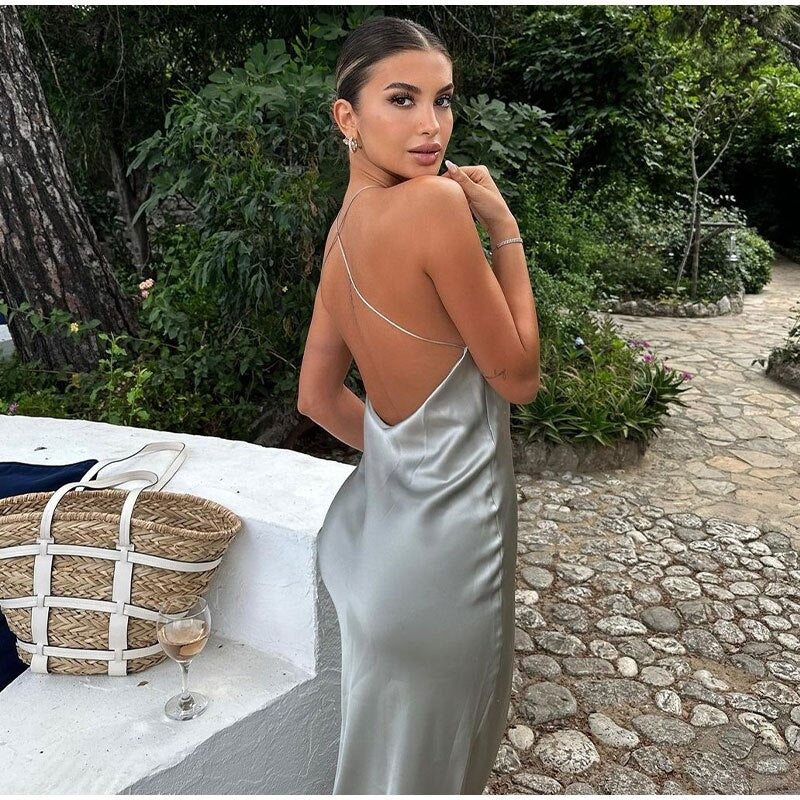 Abito lungo da donna Géraldine - Abito lungo senza maniche con elegante schiena scoperta per un'estate chic