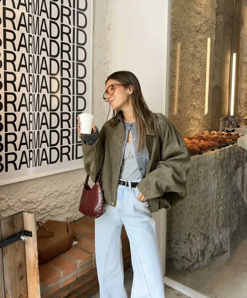 Isla Veste Femme en Daim – Blouson Oversize Élégant avec Coupe Moderne & Confort Doux