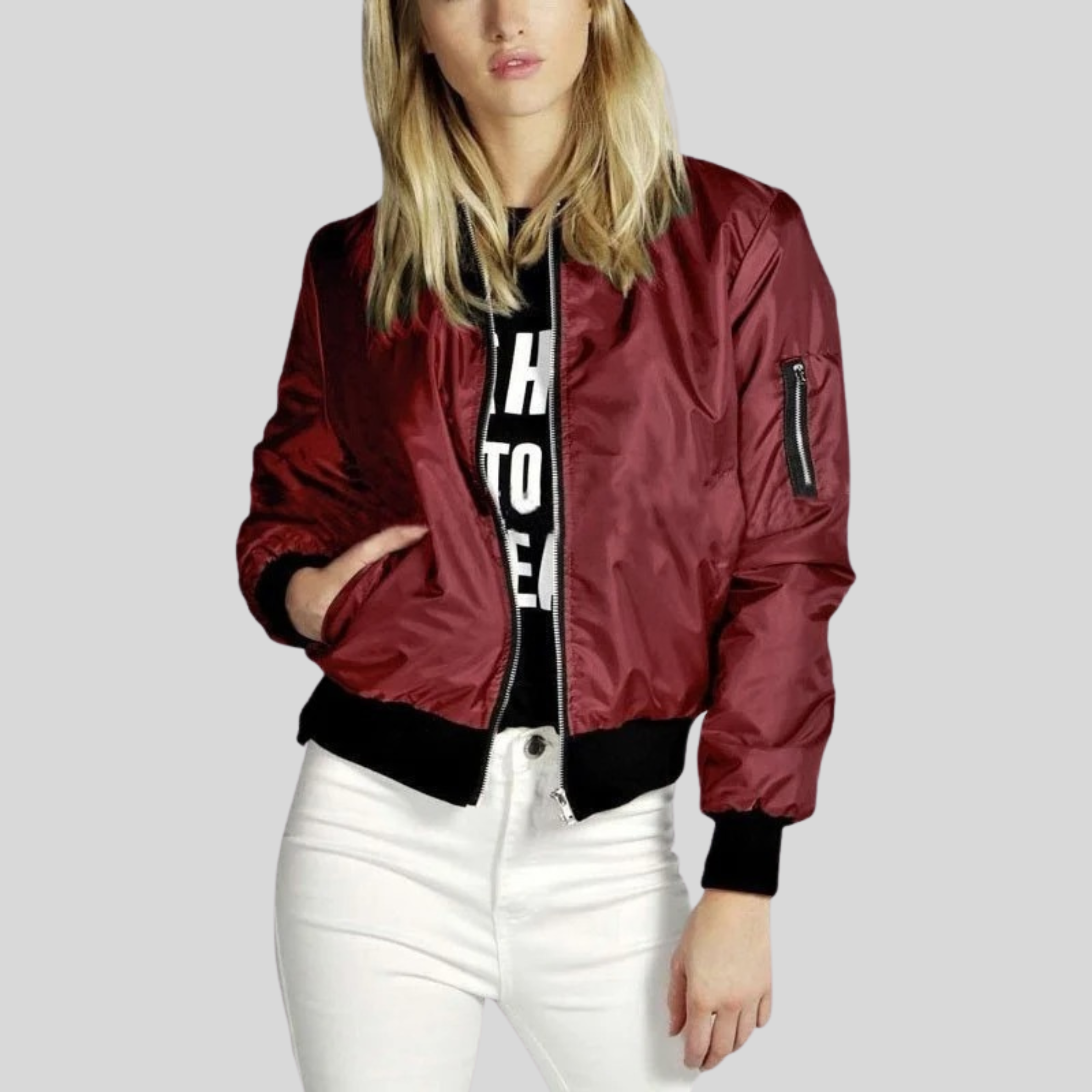 Khloe Veste Bomber Mujer – Modelo Ligero con Mangas Largas con Cremallera y Bolsillos Laterales
