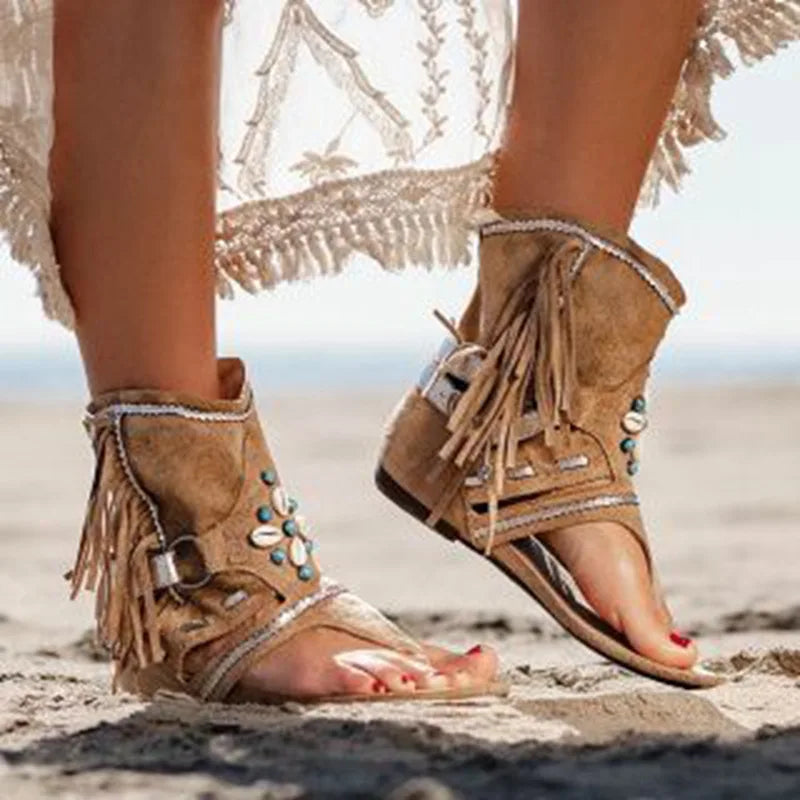 Sandali bohémien da donna Katherine - Sandali estivi con frange e perline per un look libero