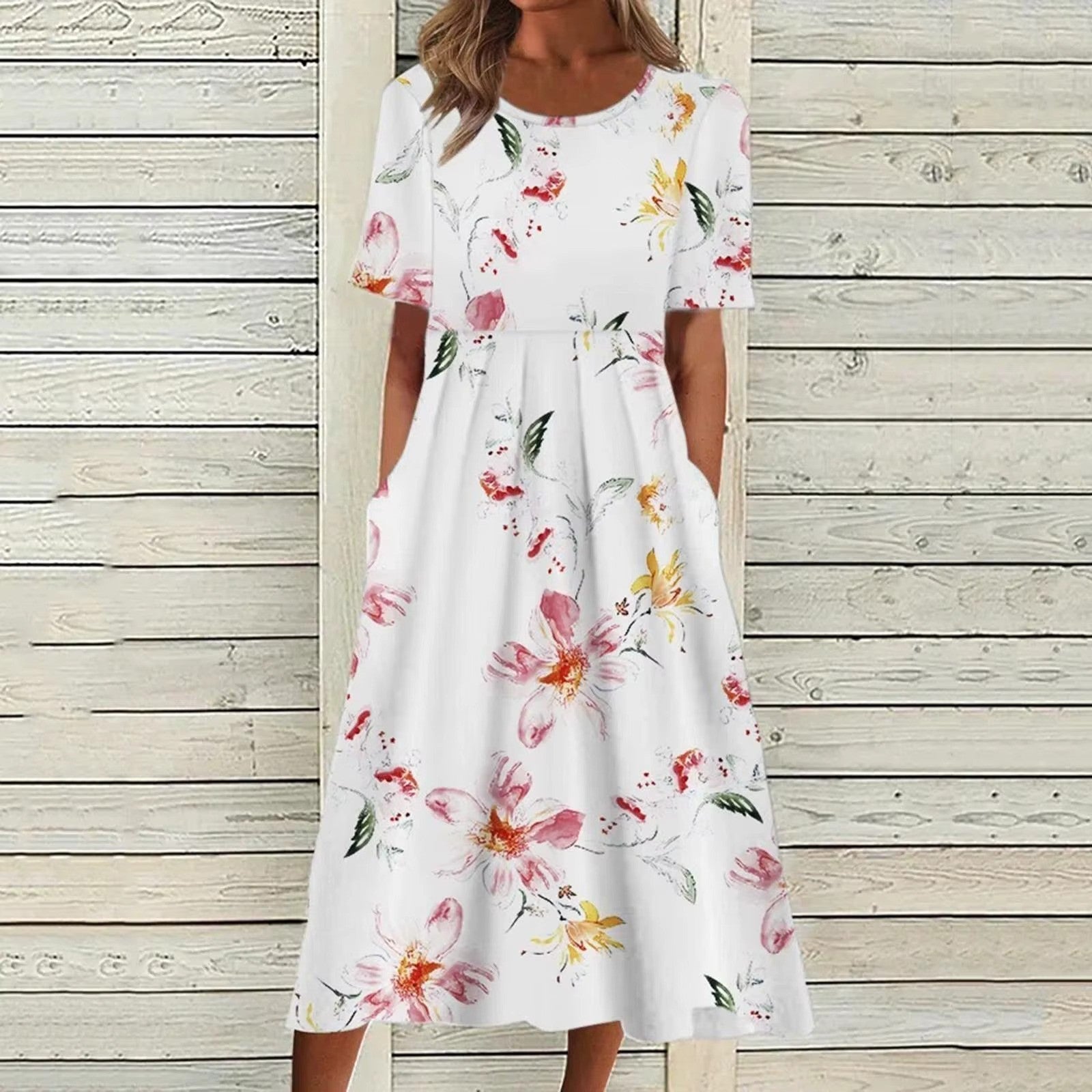 Liva Robe Midi Femme – Robe Blanche à Motif Fleuri avec Tissu Aéré & Coupe Ample Confortable
