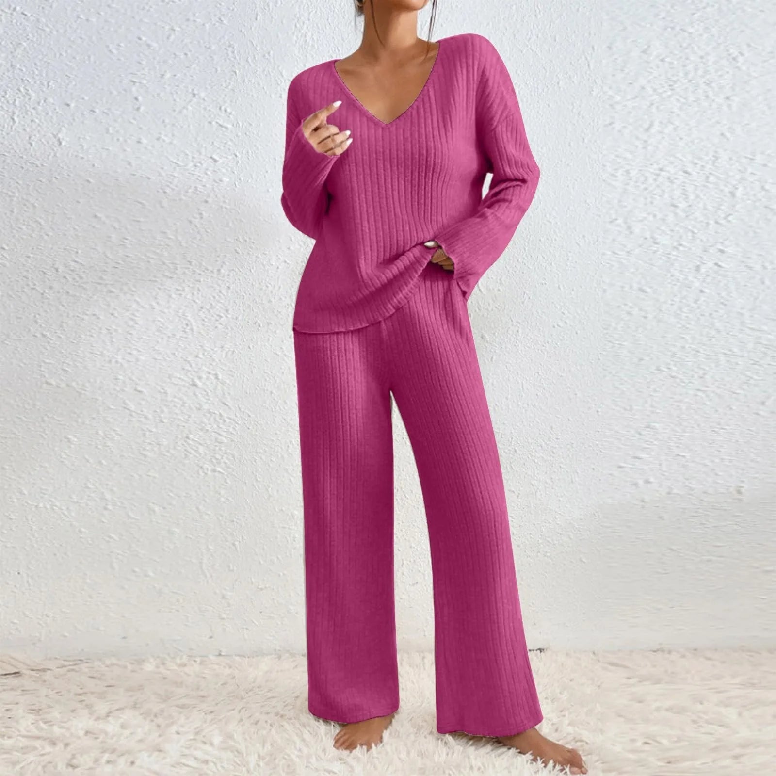 Ensemble en maille Kathy pour femme – Tenue d'intérieur confortable avec pull à col en V et pantalon doux