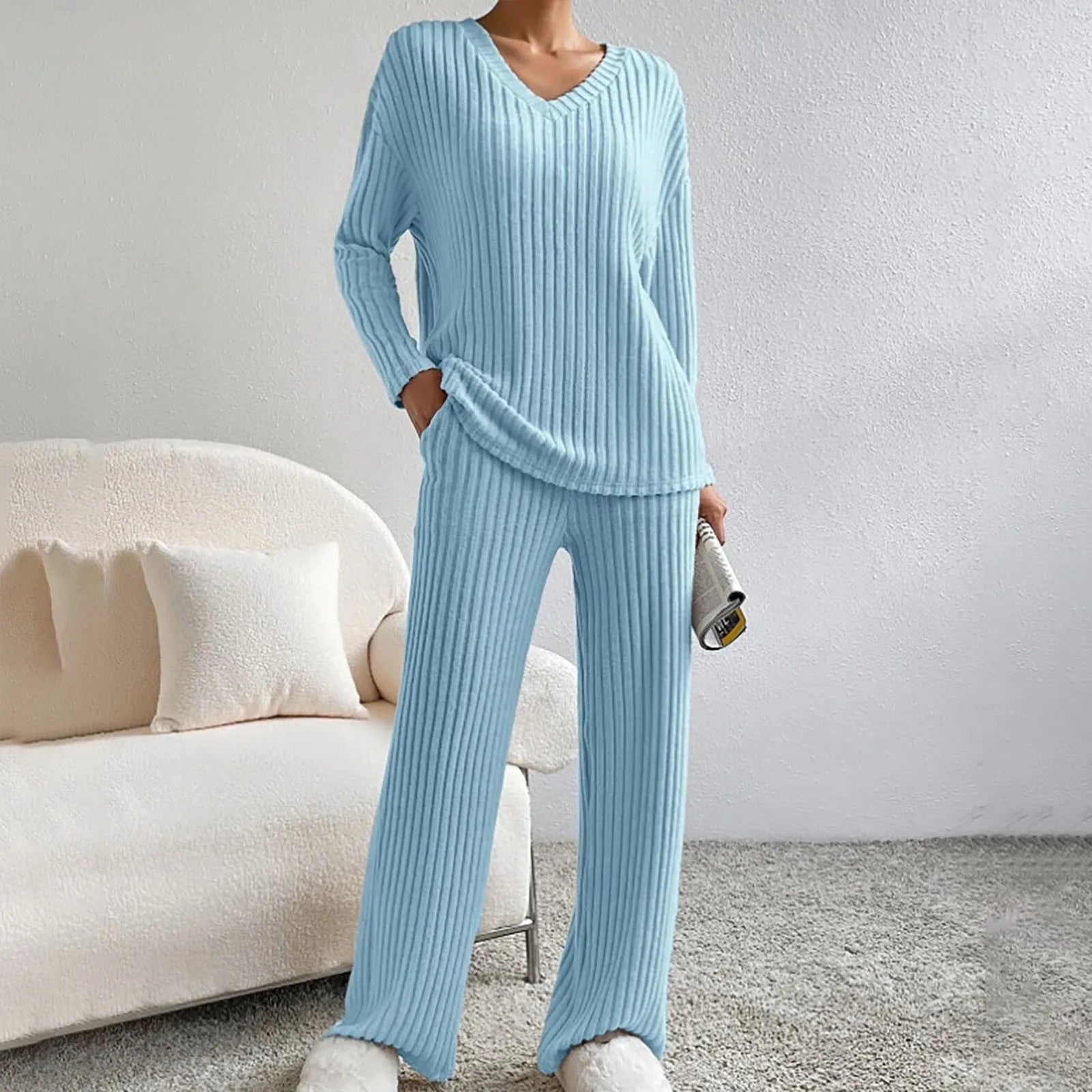 Ensemble en maille Kathy pour femme – Tenue d'intérieur confortable avec pull à col en V et pantalon doux