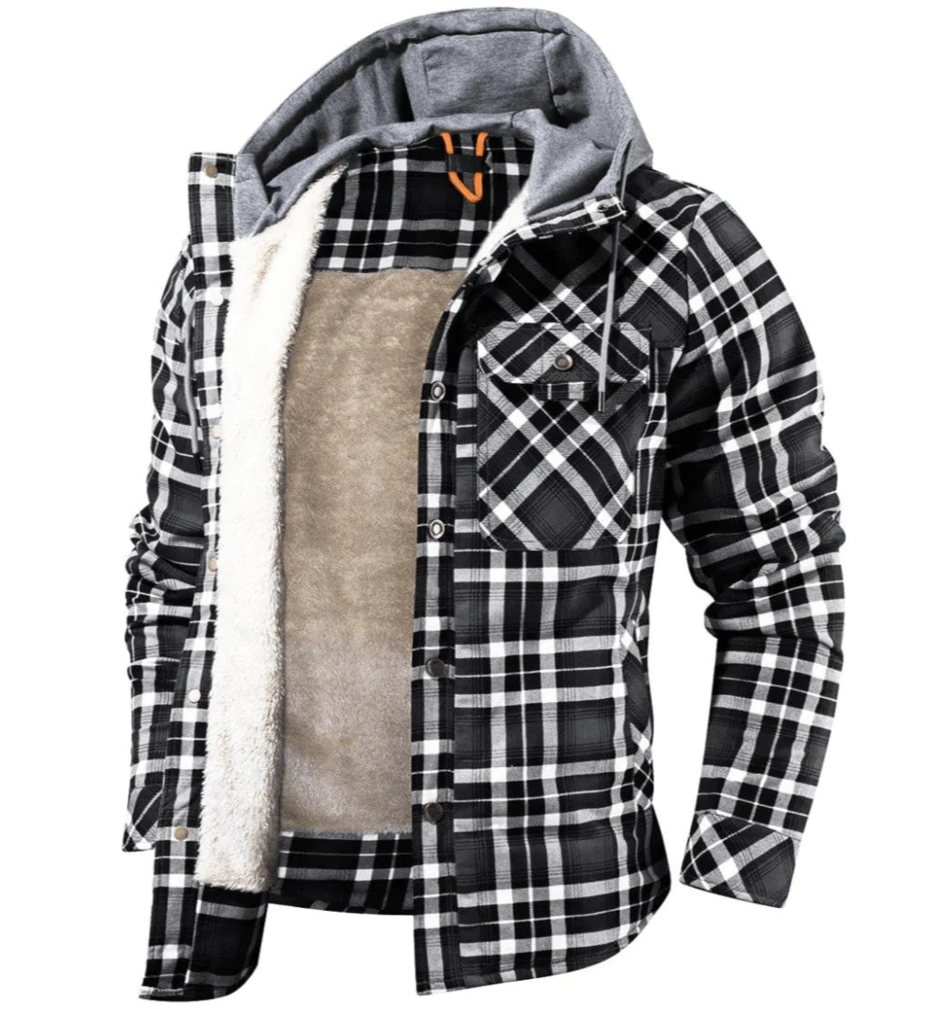 Giacca a quadri da uomo Kyle: calda, elegante con cappuccio regolabile e fodera confortevole
