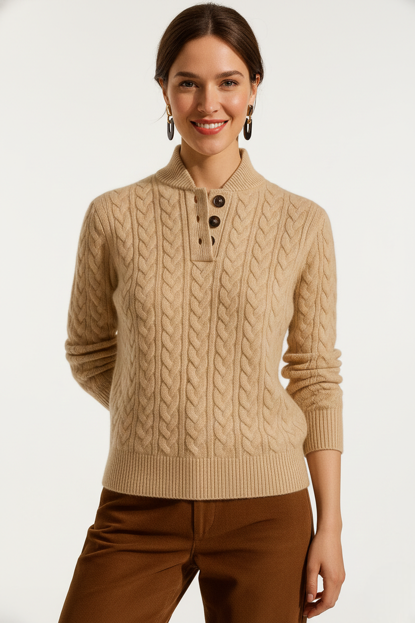 Camisola Sharmaine para Mulher com Botões – Camisola de Malha Trançada Suave com Gola Elegante