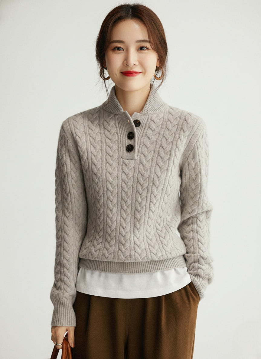 Camisola Sharmaine para Mulher com Botões – Camisola de Malha Trançada Suave com Gola Elegante