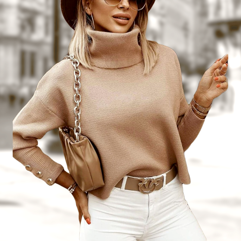 Maisie Pull à Col Roulé Femme – Tricot Côtelé Oversize avec Manches Boutonnées Élégantes