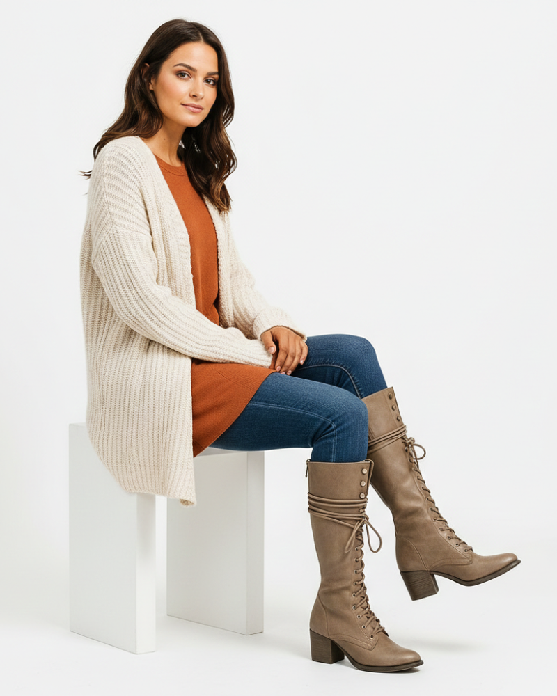 Brynn High Boots for Women – Front Laces, Leather Finish & Elegant Medium Heel