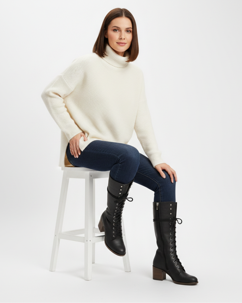 Brynn High Boots for Women – Front Laces, Leather Finish & Elegant Medium Heel