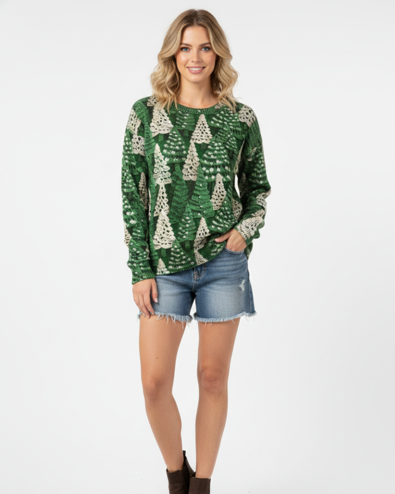 Жіночий різдвяний светр Linel – святковий в'язаний з круглим коміром, візерунок ялинок і довгі рукави