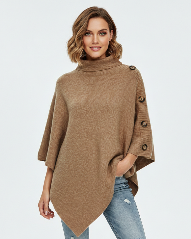 Elayne Poncho Lana Mujer – Poncho Oversize Elegante con Cuello Alto y Acabado Asimétrico