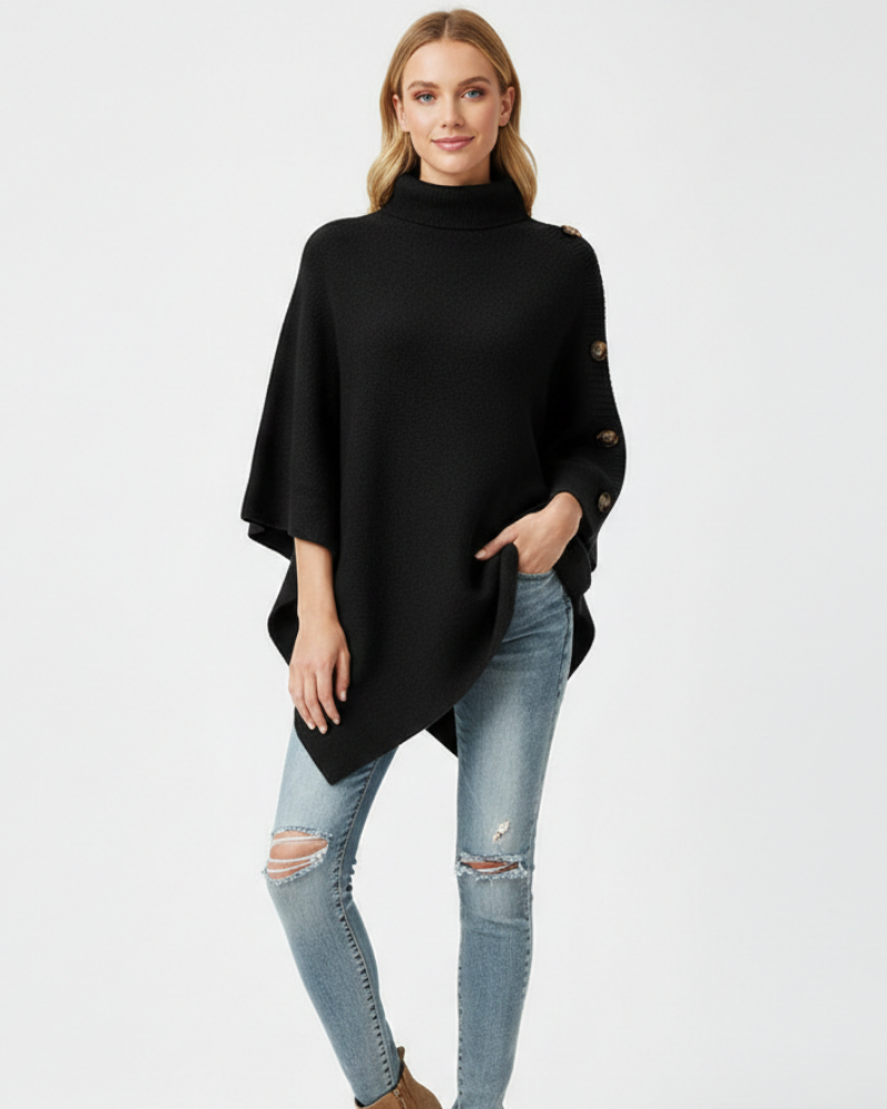 Elayne Poncho Lana Mujer – Poncho Oversize Elegante con Cuello Alto y Acabado Asimétrico
