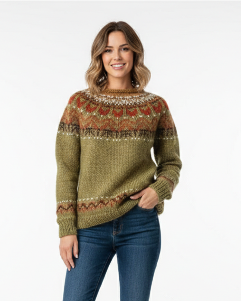 Clara Camisola Mulher Fair Isle Colorida – Camisola Tricotada Quente e Confortável para o Inverno