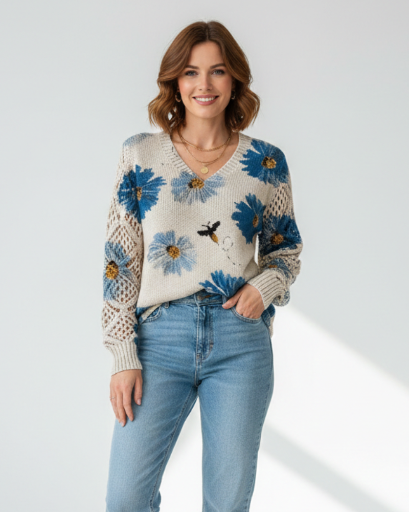Nancy Maglione Donna Leggera – Maglia Arieggiata con Motivo Floreale & Elegante Scollo a V