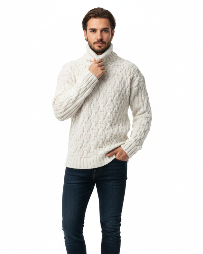 Kenzo Cortese Pull Homme en Maille Câblée – Col Montant Chaud en Laine Mélangée Automne & Hiver