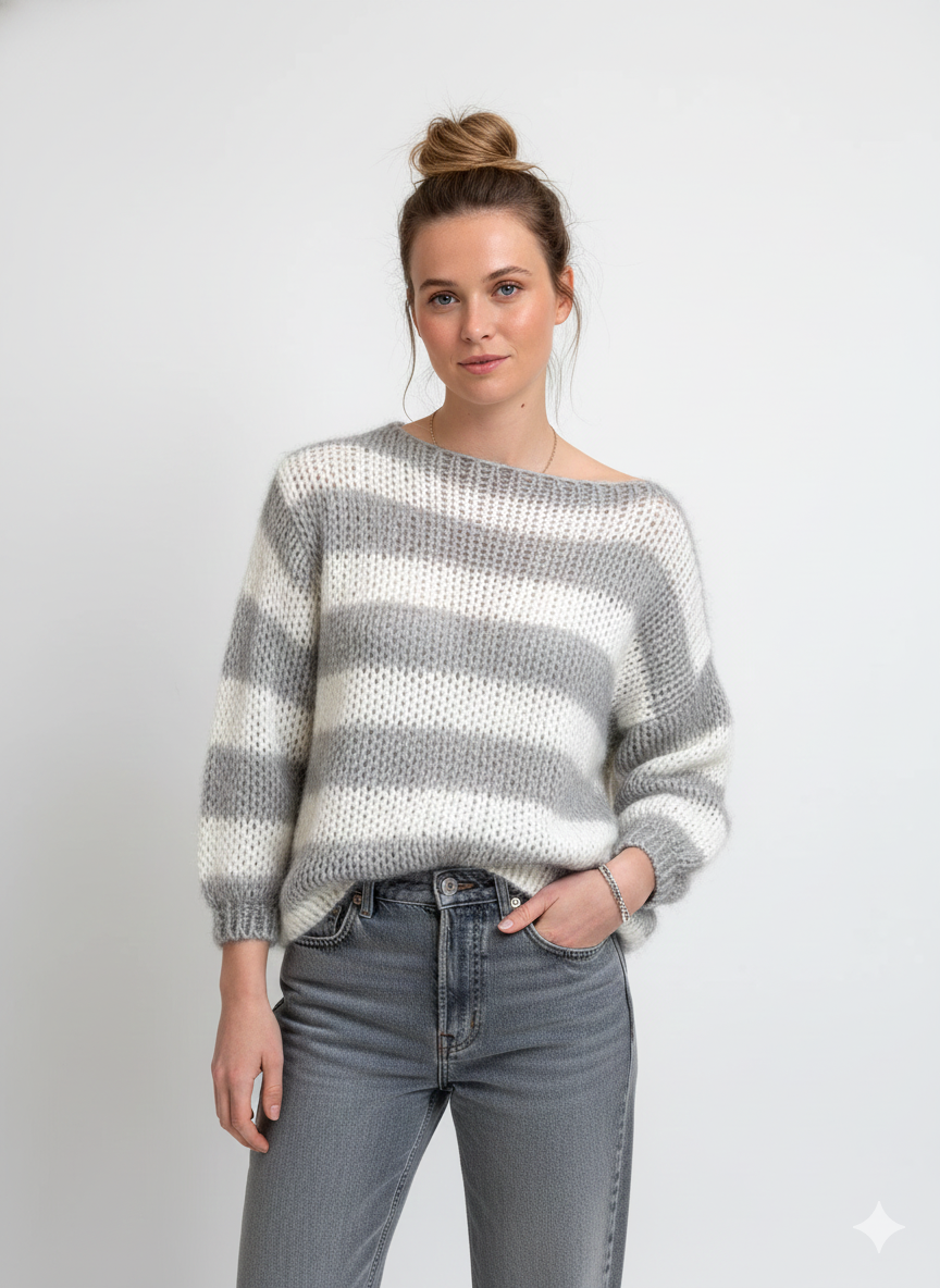 Tes Pull Ριγέ Oversize Γυναικεία – Μαλακό Πλεκτό με Χαλαρή Γραμμή, Στρογγυλή Λαιμόκοψη & Άνετο Στυλ