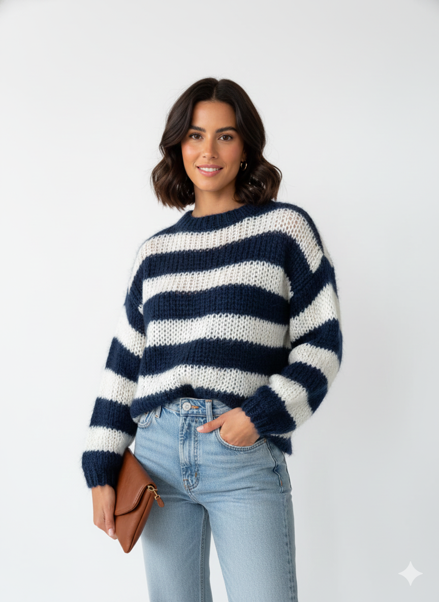 Women's Oversized Striped Sweater – Soft Knit with Loose Fit, Round Neck & Comfortable Style
