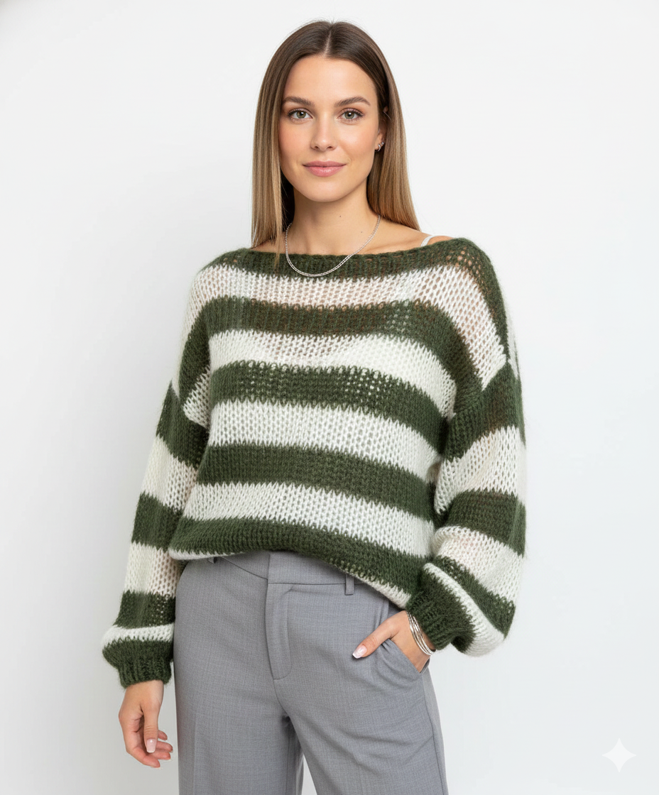 Tes Pull Ριγέ Oversize Γυναικεία – Μαλακό Πλεκτό με Χαλαρή Γραμμή, Στρογγυλή Λαιμόκοψη & Άνετο Στυλ