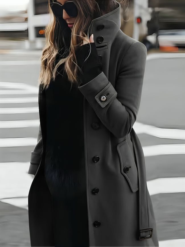 Mhel Trenchcoat Femme – Manteau Élégant avec Col Haut & Ceinture Taille Flatteuse