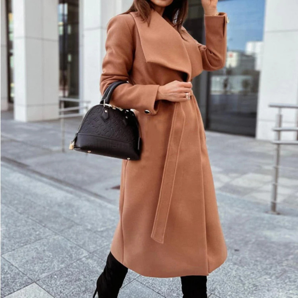 Carmen Manteau Long en Mélange de Laine pour Femme – Col Oversize Elegant & Weicher Strukturierter Stoff