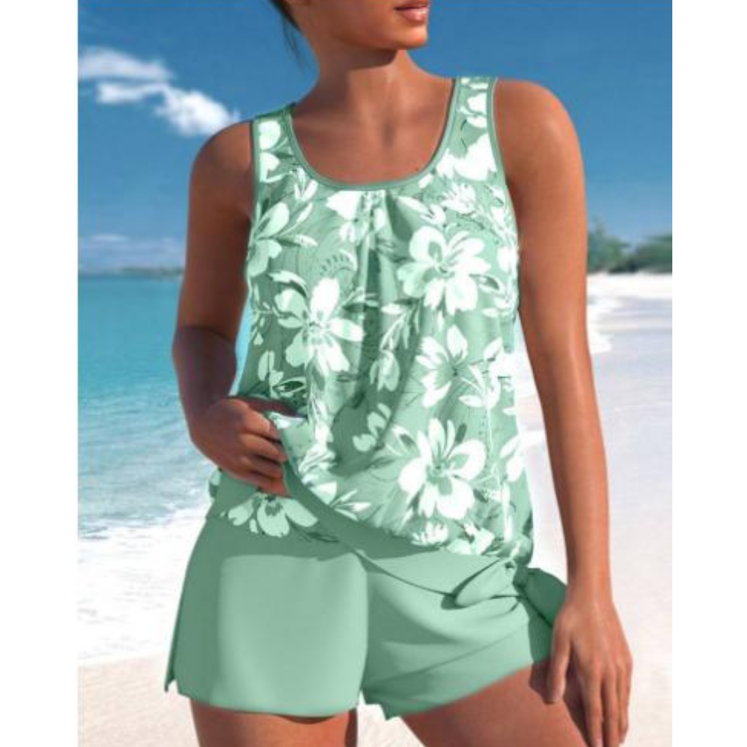 Tankini da donna Adalina - Costume da bagno con stampa floreale, pantaloncini e comoda vestibilità senza maniche