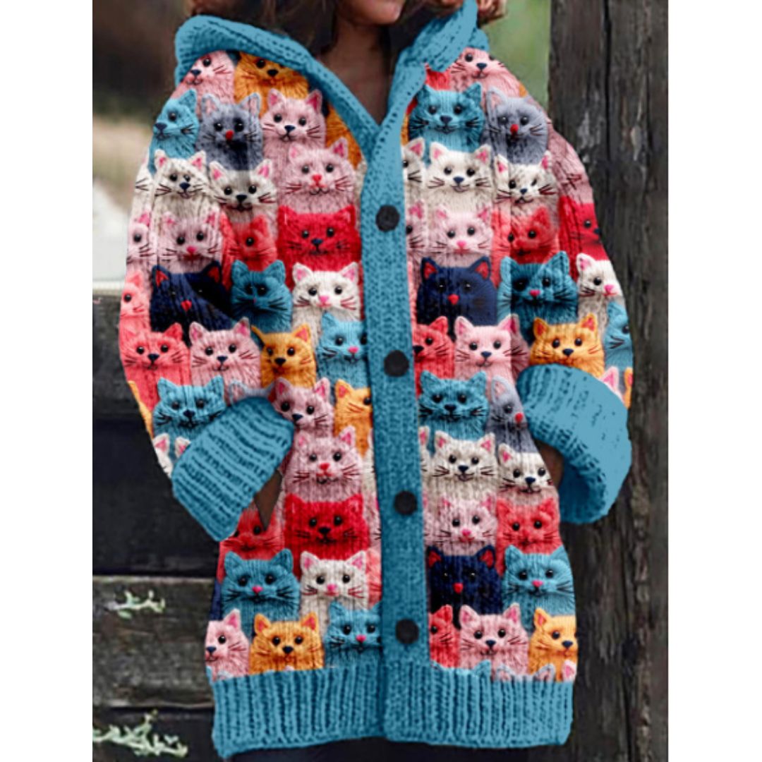 Cardigan Lenora con motivo a gatto multicolore - Accogliente e unico, misto acrilico e poliestere