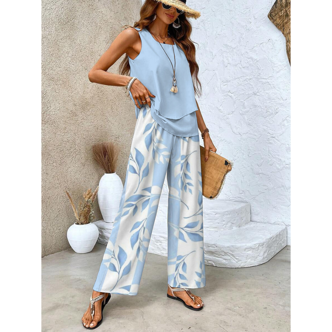 Dione Ensemble Femme – Ensemble Élégant Sans Manches avec Top Superposé & Pantalon Large