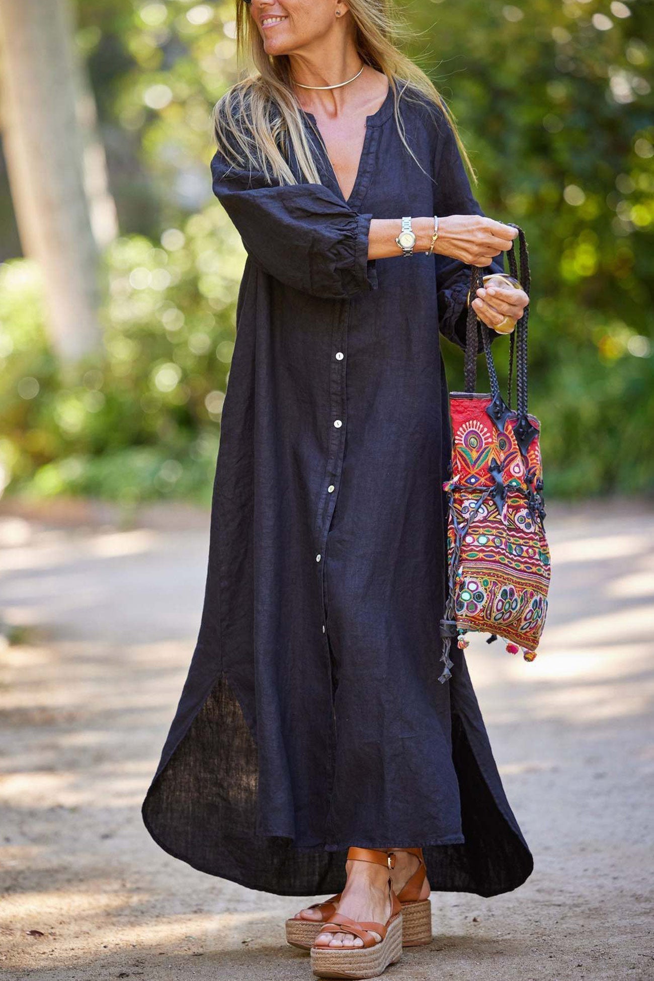 Abito da donna Veanna - Elegante abito a maniche lunghe con scollo a V e chiusura con bottoni