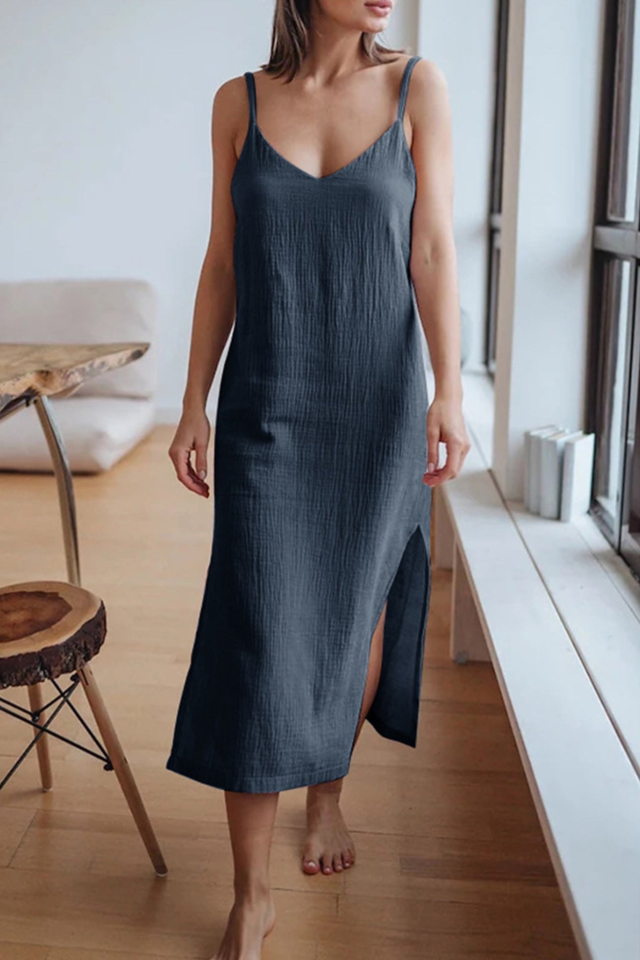 Abito estivo da donna Cristy - Abito midi in lino con scollo a V, spalline sottili e spacco