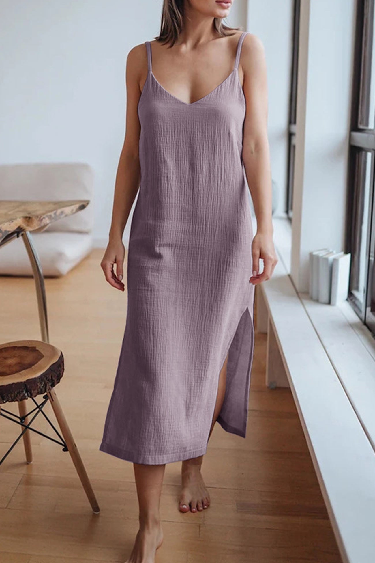 Abito estivo da donna Cristy - Abito midi in lino con scollo a V, spalline sottili e spacco