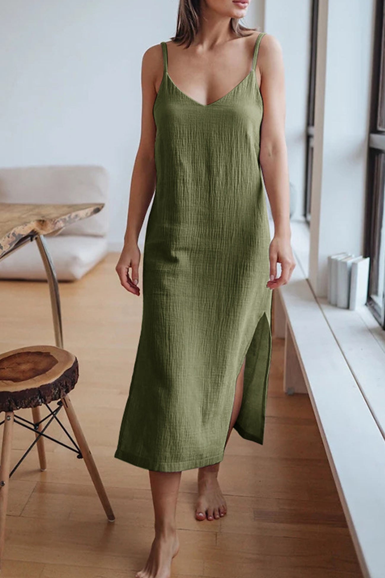 Abito estivo da donna Cristy - Abito midi in lino con scollo a V, spalline sottili e spacco