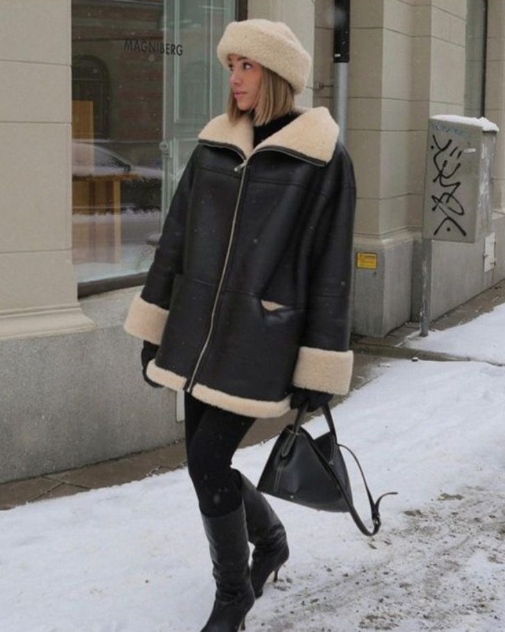 Iris Manteau d’Hiver Femme en Simili-Cuir – Coupe Oversize avec Doublure Teddy & Col Shearling