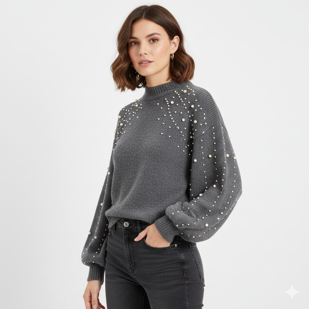 Valery Aureli Maglione Donna Elegante con Perle – Maglia Morbida con Maniche a Sbuffo Chic Inverno