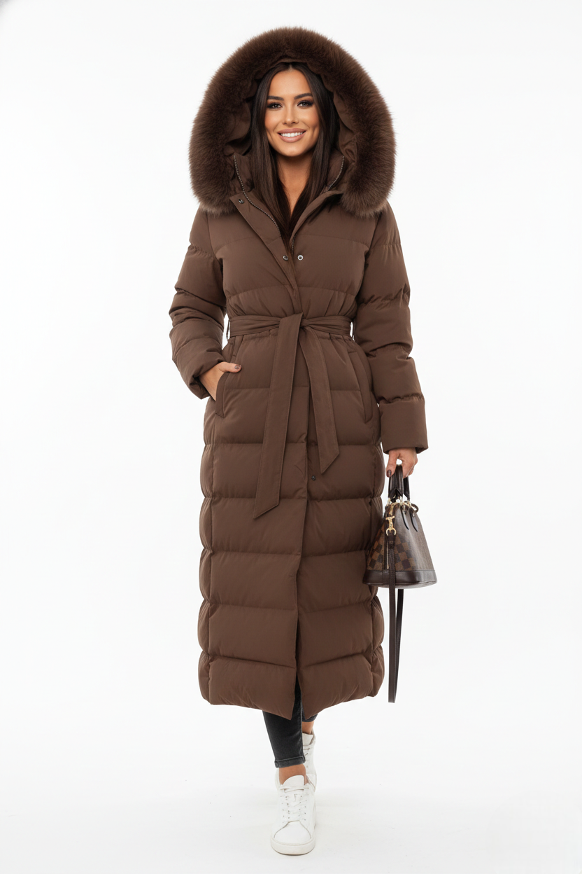 Vera Manteau Long d’Hiver Femme – Doudoune Élégante avec Col en Fausse Fourrure et Ceinture