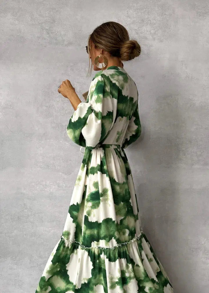 Abito lungo da donna Patricia - Manica lunga, scollo a V - Design elegante e fluido per eventi formali
