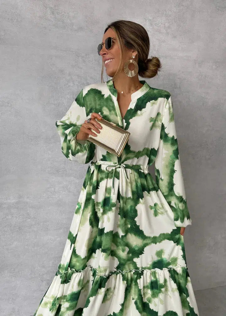 Abito lungo da donna Patricia - Manica lunga, scollo a V - Design elegante e fluido per eventi formali