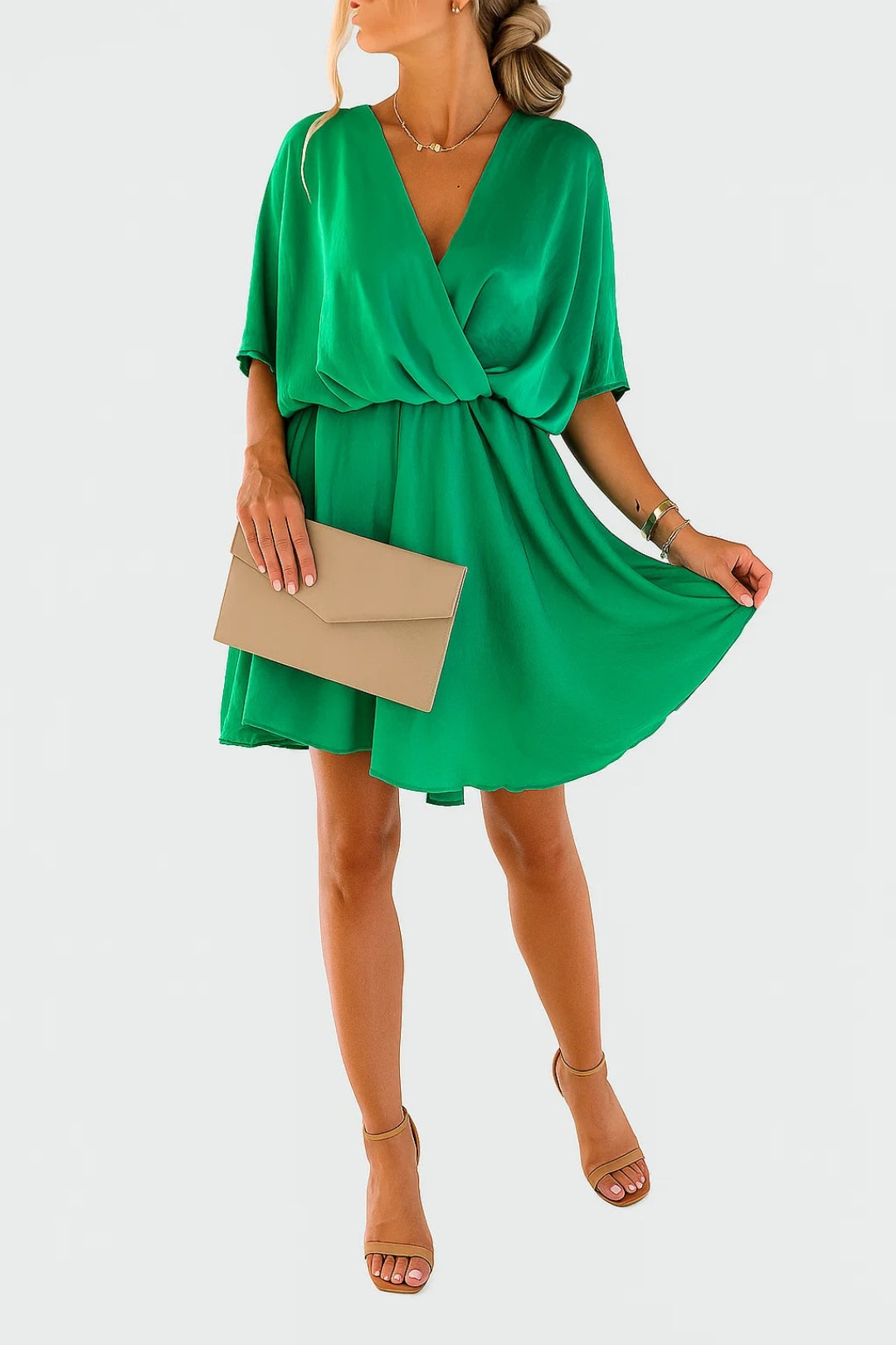 Abito corto in chiffon Aleena – Elegante abito con scollo a V, fiocco e design leggero