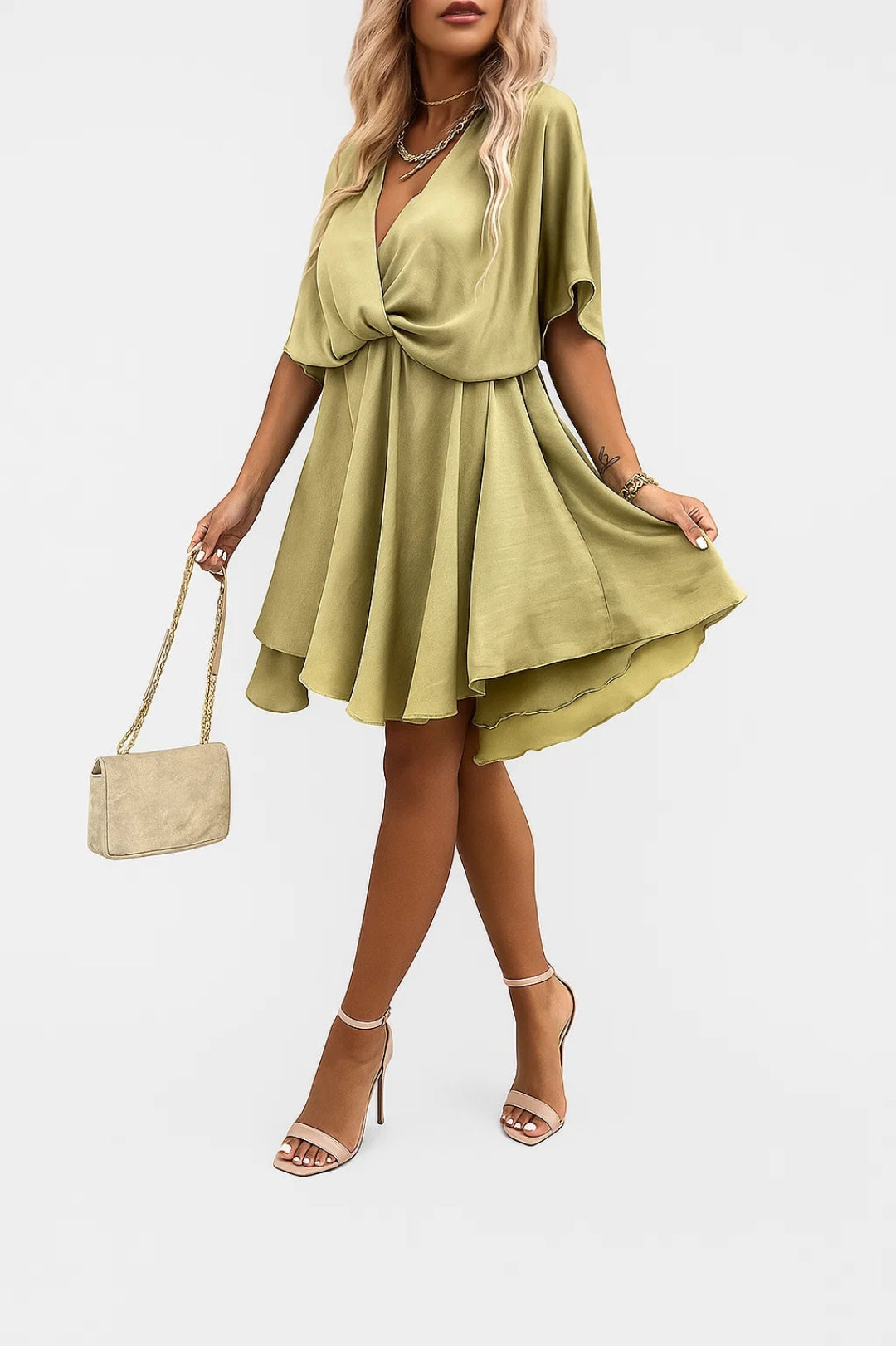 Abito corto in chiffon Aleena – Elegante abito con scollo a V, fiocco e design leggero