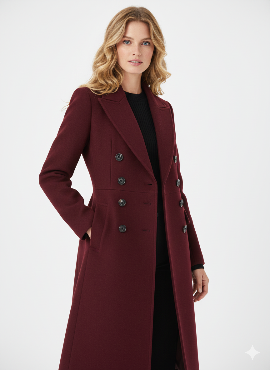 Vian Manteau Long Femme – Manteau en Laine à Revers Élégant & Double Boutonnage