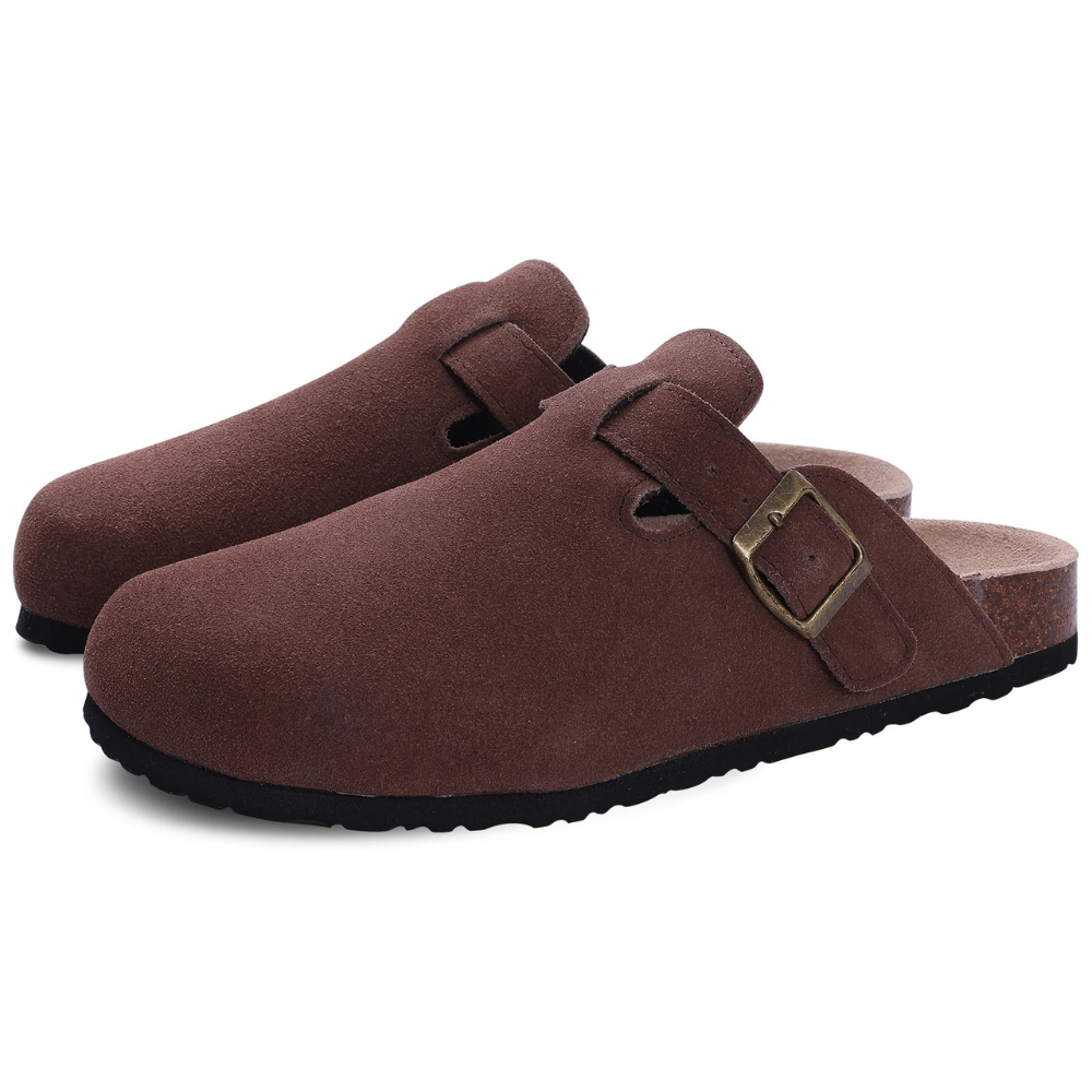 Zoccoli da donna Leana - Slip-on in pelle scamosciata con fibbia regolabile e suola anatomica e confortevole