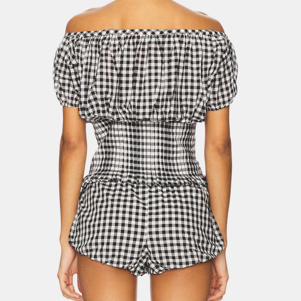 Valerine Ensemble Femme 2 Pièces – Design à Carreaux Élégant avec Haut Épaules Dénudées et Short