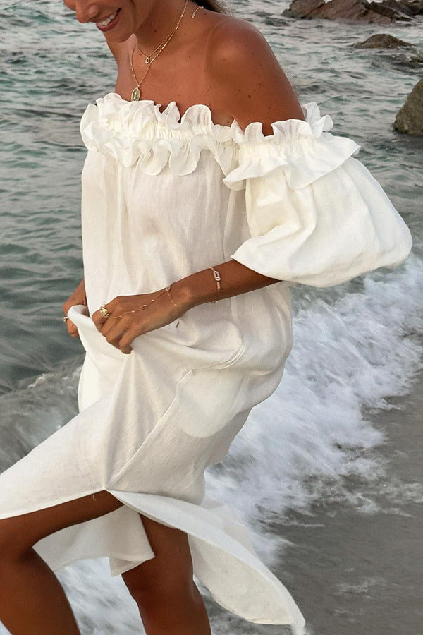 Abito lungo da donna Valentina – Abito in cotone boho con spalle scoperte, volant e scollo Bardot